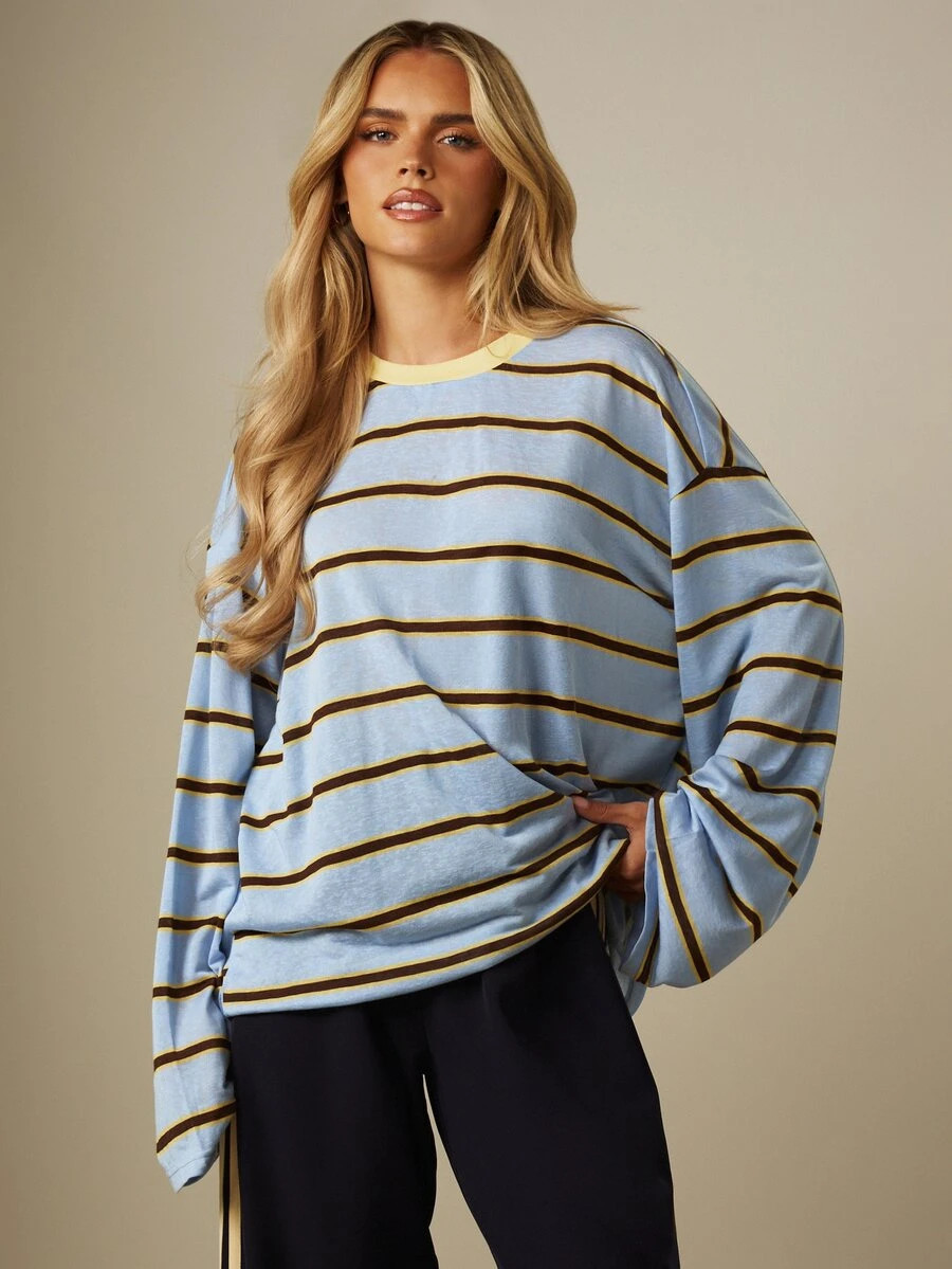 MISSGUIDED Oversized Striped Long Sleeve Crew Neck T-Shirt With Contrast Ringer Neckline Relaxed Fit Casual Top | SHEIN