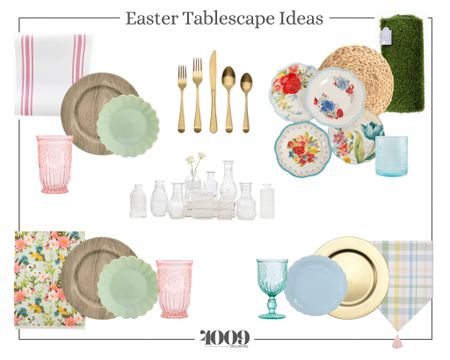 Easter tablescape ideas. 
Jade plate, hobnail glasses, goblet, pioneer woman, chargers, table runner, gold flatware

#LTKhome #LTKunder100 #LTKSeasonal