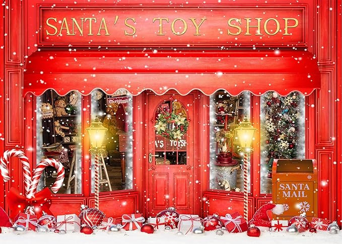 Red Christmas Photo Backdrop Santa's Toy Shop Candy Cane in Snow World Xmas Family Holiday Party ... | Amazon (US)