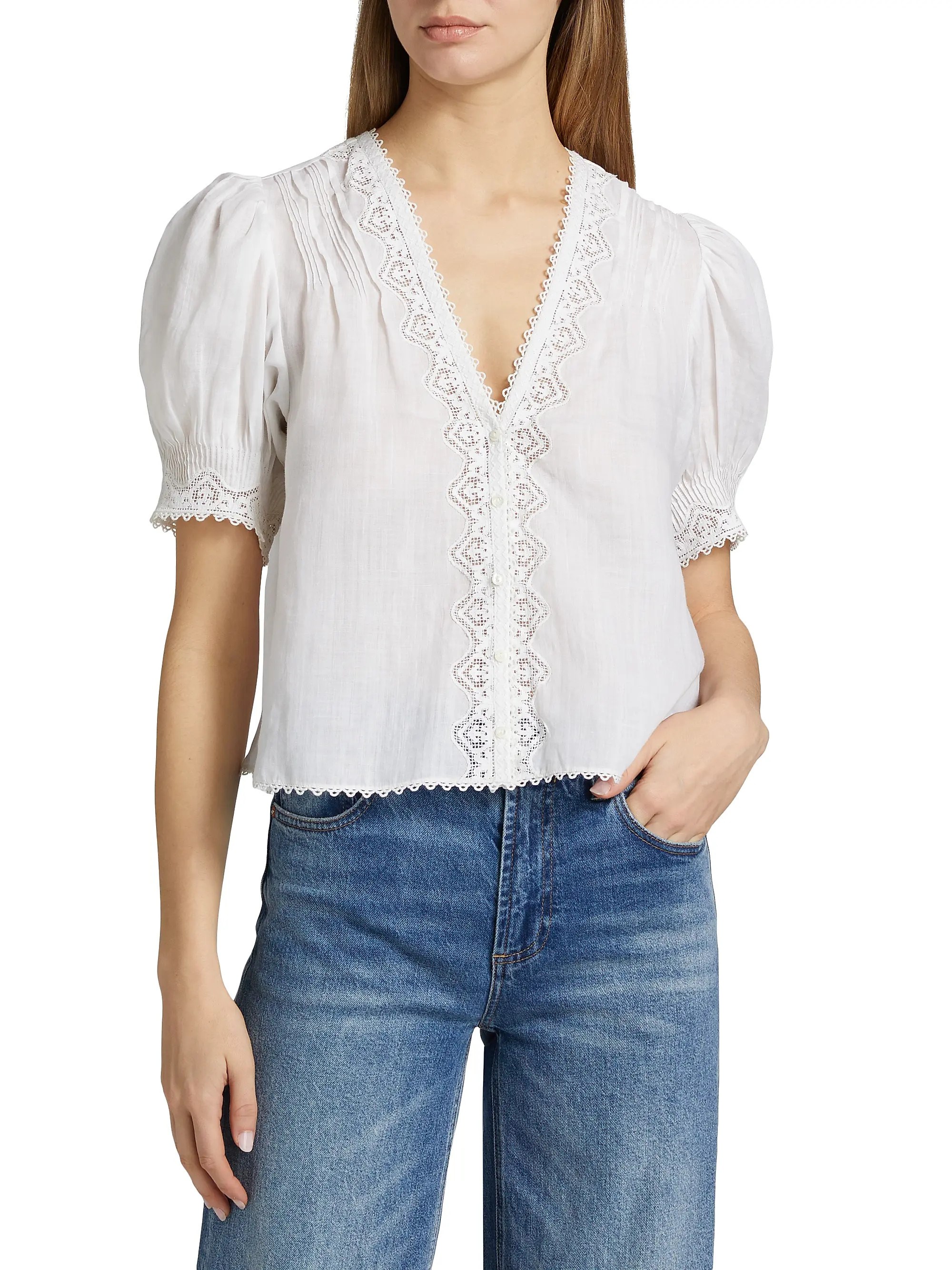 Brigetta Eyelet-Trim Linen Puff Sleeve Top | Saks Fifth Avenue