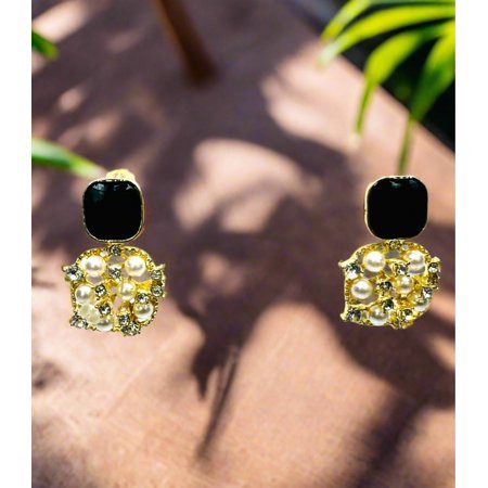 Pierced 1 small gold black and white pearl earrings with clear stones | Walmart (US)