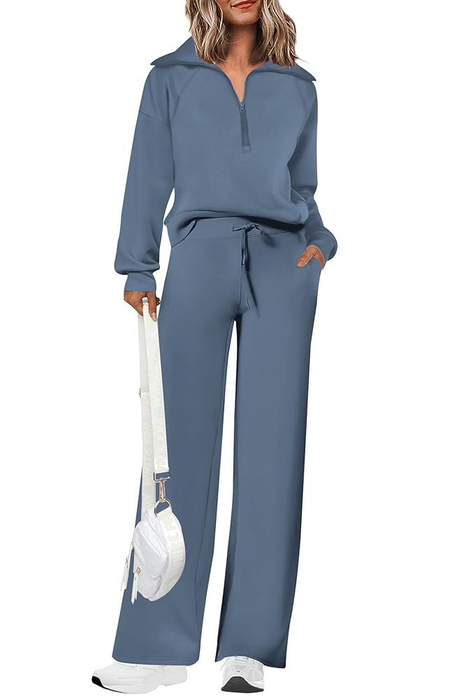 PRETTYGARDEN Women's 2 Piece Outfits Casual Lapel Half Zip Sweatshirts And Wide Leg Pants Tracksu... | Amazon (US)