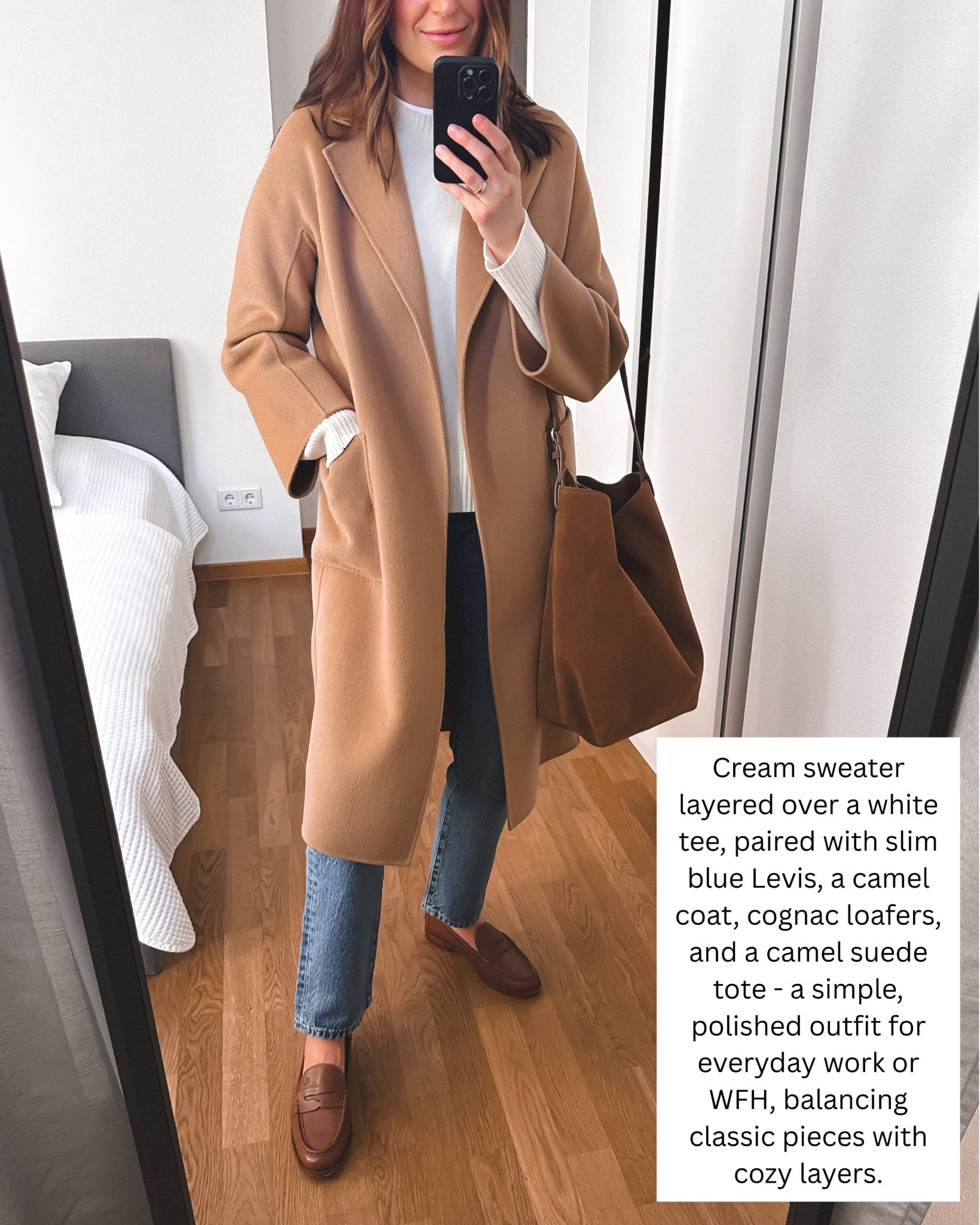 Light camel coat - great as a pre-spring closet addition. It’s from The Curated - linked similar, also cashmere-blend, option. 
