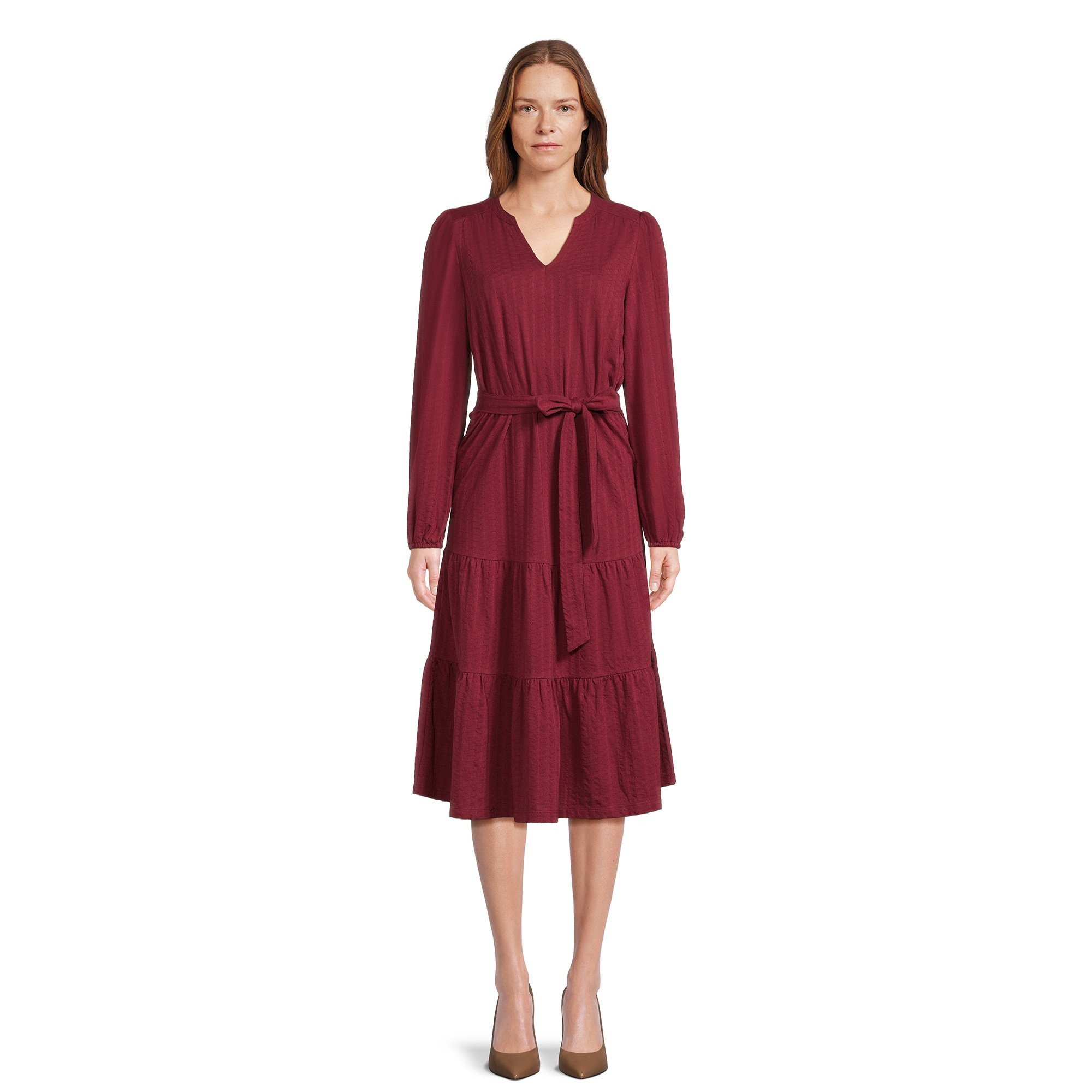 Time and Tru Women's Long Sleeve Textured Midi Dress | Walmart (US)