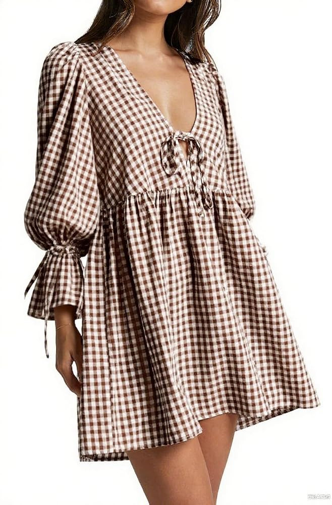 Women Puff Sleeve Tie Front Gingham Dress Deep Vneck Ruffle Hem Babydoll Flowy Y2k Mini Aline Pla... | Amazon (US)