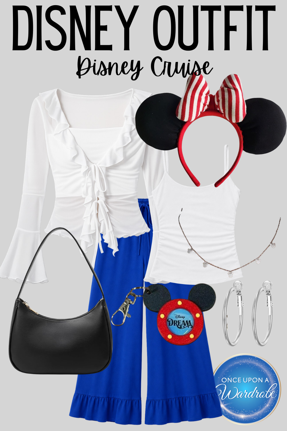 Disney Cruise outfit idea for women who want to be comfortable without living in athletic wear all vacation. I love a look that works for embarkation day, dinner, exploring the ship, or grabbing coffee before the rest of the family wakes up. The blue pants add a fun pop of color, and the Disney accessories tie everything together without feeling overdone. Perfect for a Disney Dream, Disney Destiny, or your next Disney Cruise vacation. ⚓✨ 

 #LTKootd #LTKmomlife #LTKTravel