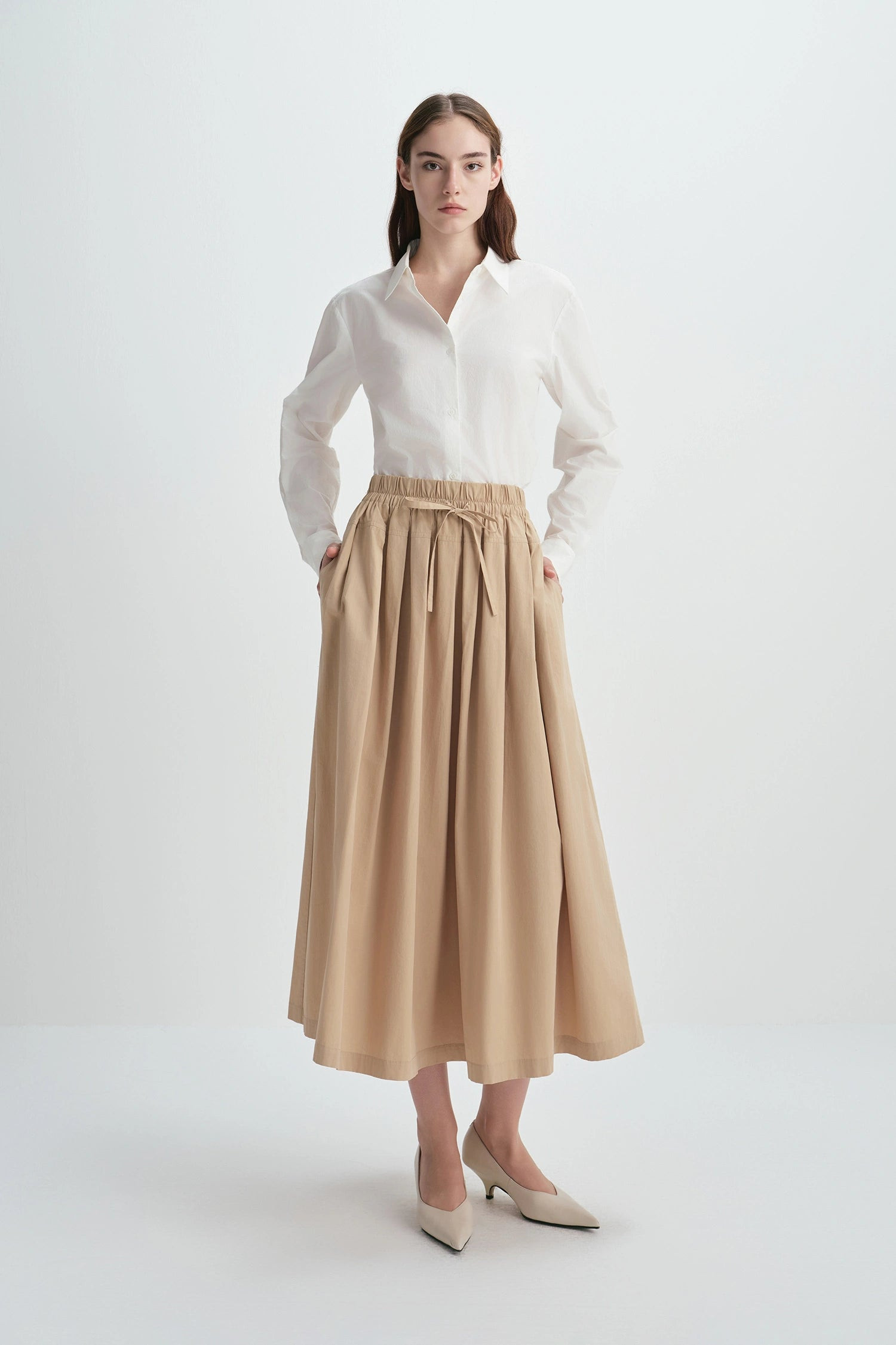 Drawstring Pleated Skirt | Cotton Midi | Casual Chic | Rue Sophie