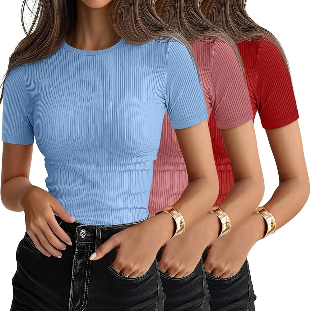 Ficerd 3 Pack Women's Ribbed T-Shirts, Cotton Short Sleeve Basic Tees Crewneck Fitted Tops Casual... | Amazon (US)