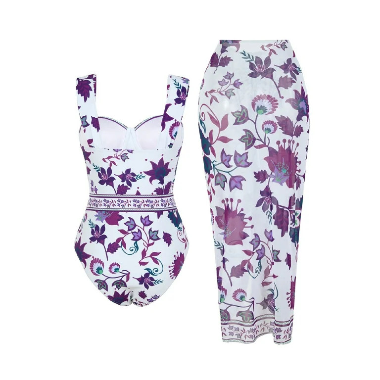 Lopeceal Women's Floral One Piece Swimsuit with Cover Up Set Tummy Control Bathing Suit Beach Wra... | Walmart (US)