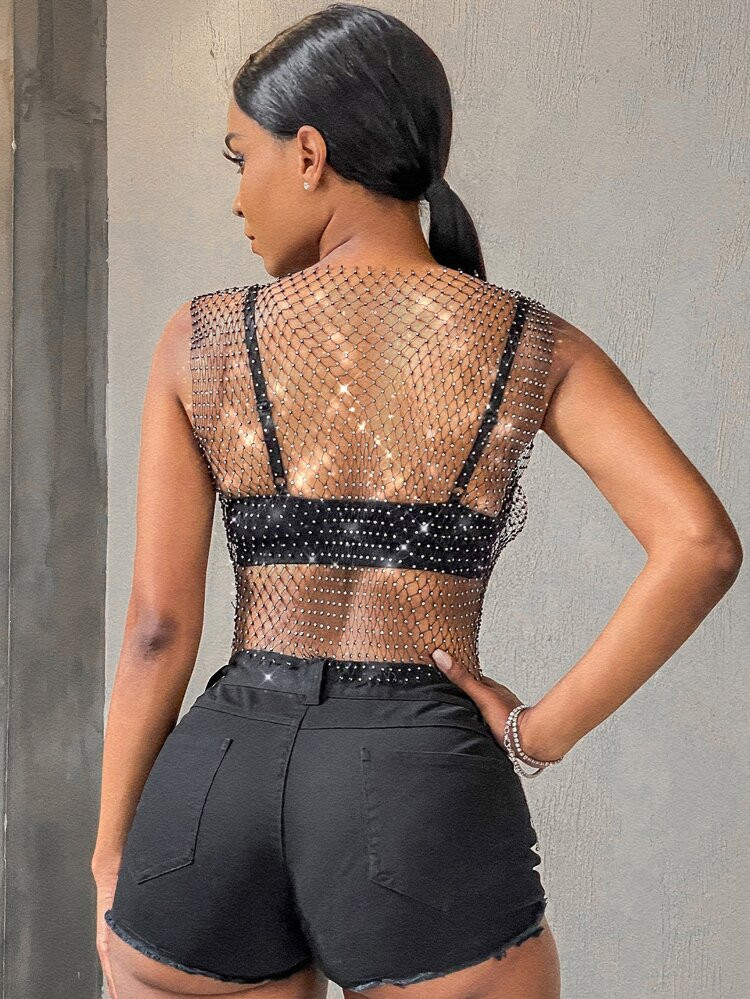 SHEIN SXY Rhinestone Detail Sheer Mesh Tank Top Without Bra | SHEIN