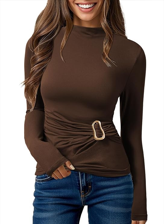 Pink Queen Women's Chic Top Long Sleeve Mock Neck Shirts Metal Ring Decor Ruched Slim Fit Tee | Amazon (US)