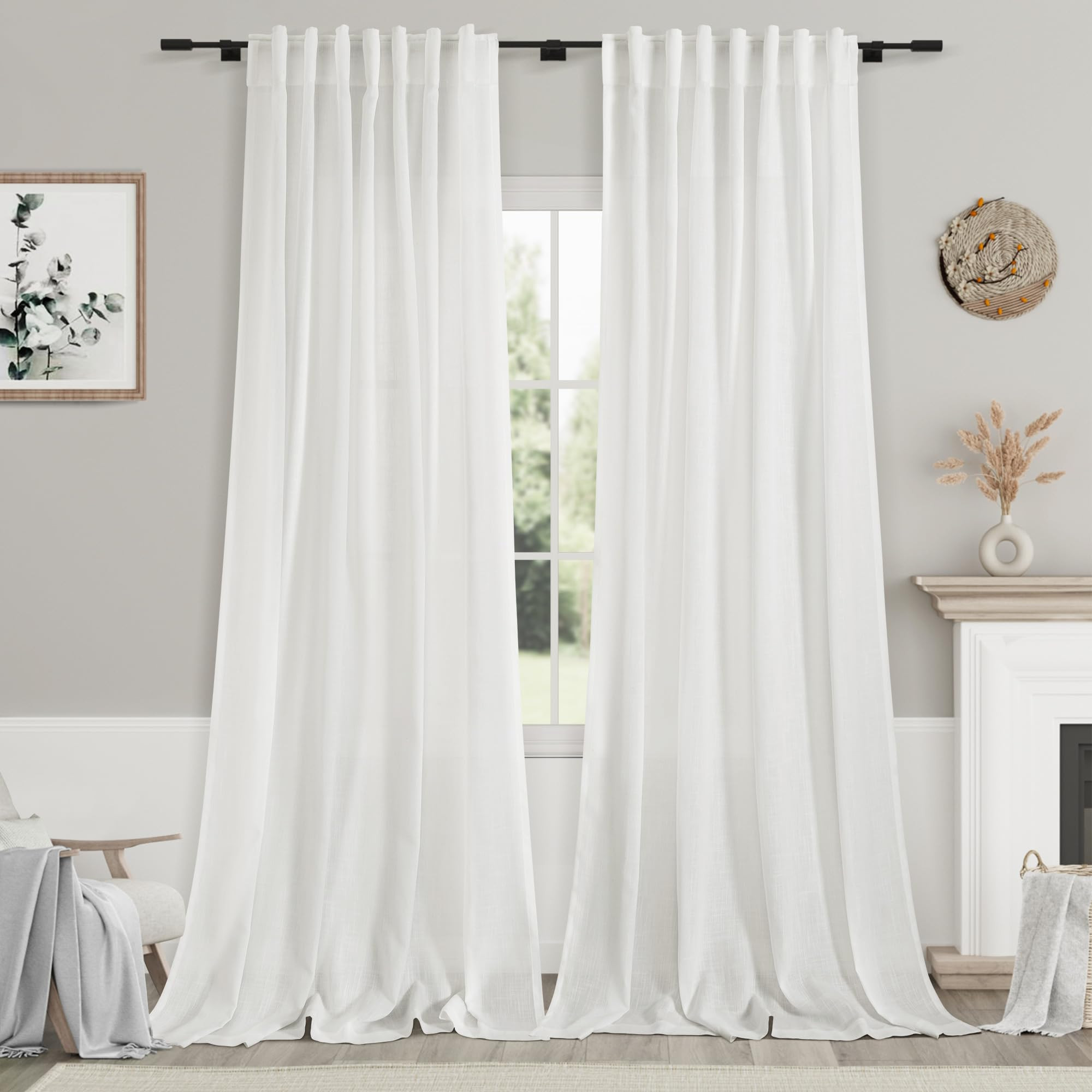 Nanspring Solid Off White Curtains 96 Inches Long 2 Panels Back Tab Sheer Linen Curtain Modern Fa... | Amazon (US)