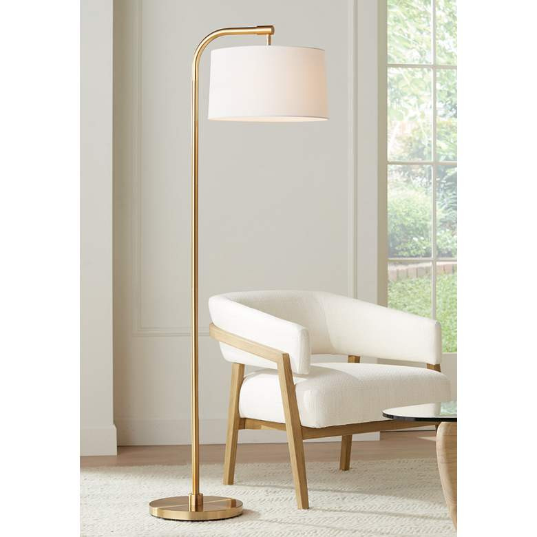 360 Lighting Serra 64" Warm Gold Chairside Arc Offset Arm Floor Lamp | Lamps Plus