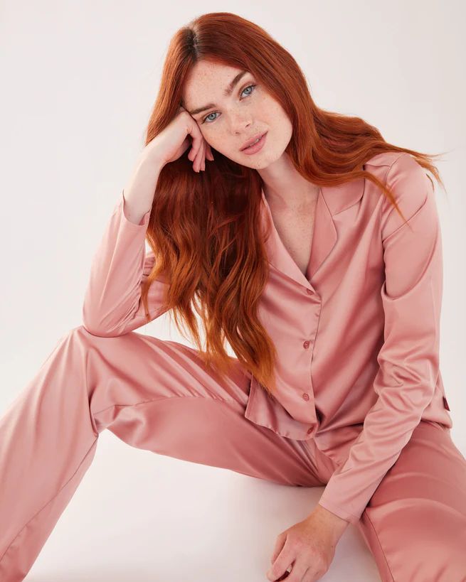 Blush Satin Slim Button Up Long Pyjama Set | Chelsea Peers NYC