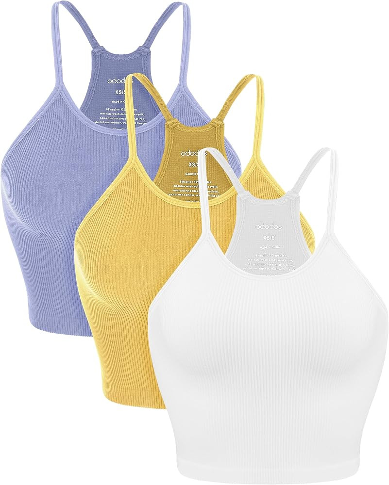 ODODOS Women's Crop 3-Pack Seamless Rib-Knit Camisole Crop Tank Tops | Amazon (US)