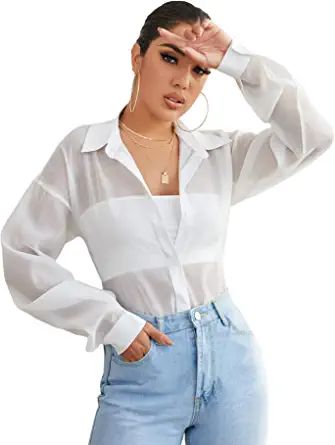 SheIn Women's Sheer Button Down Top Long Sleeve Collar Drop Shoulder Blouse Shirt | Amazon (US)