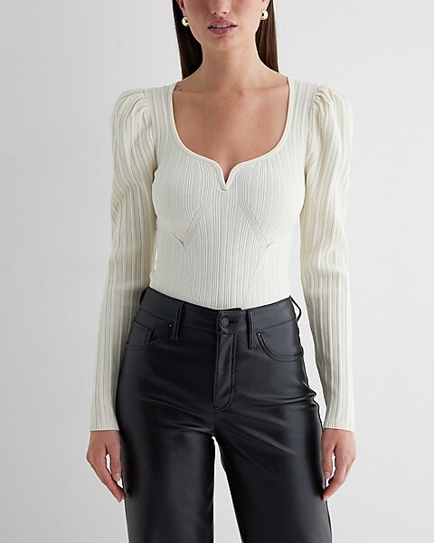 Ribbed Sweetheart Neckline Puff Sleeve Sweater | Express