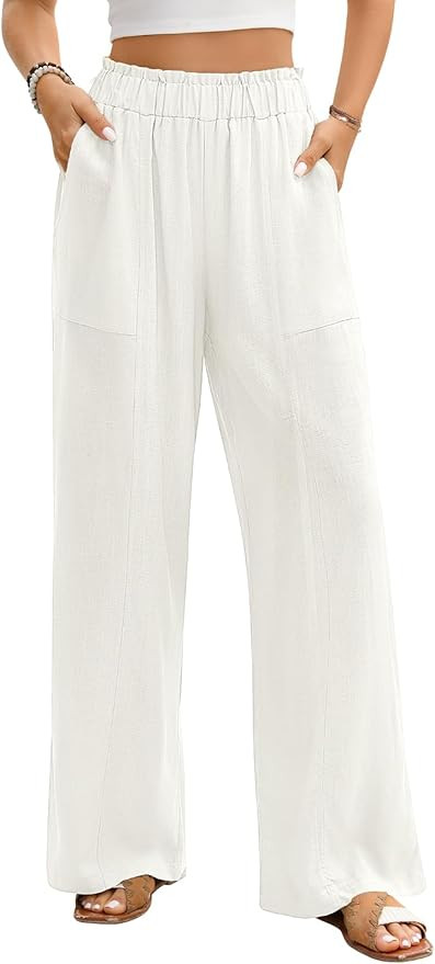 Linen Pants Women Casual Flowy Wide Leg Palazzo Pants Elastic Waist Summer Trousers Beach Outfits... | Amazon (US)