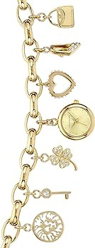 Anne Klein Women's Premium Crystal Accented Gold-Tone Charm Bracelet Watch, 10/7604CHRM | Amazon (US)