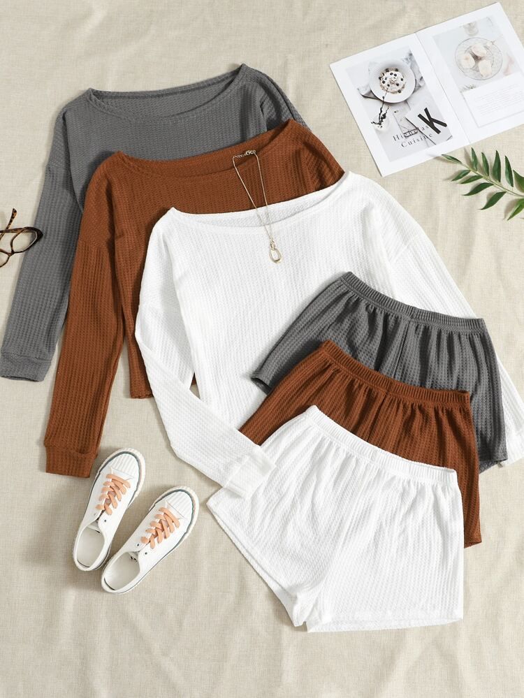 3sets Waffle Knit Top & Shorts Lounge Set | SHEIN