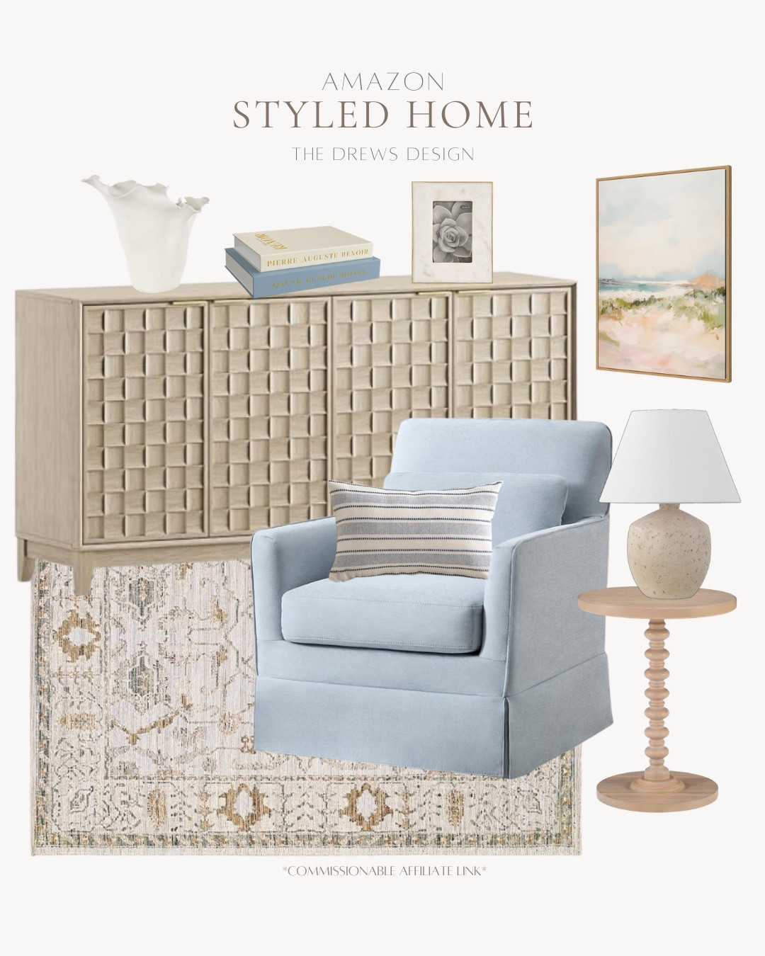 Amazon styled living room includes area rug, accent chair, side tables, table lamp, throw pillow, vase, coffee table books, frame, wall art.

Styled home, looks for less, home decor, home accents

#LTKSeasonal #LTKHome #LTKvlog