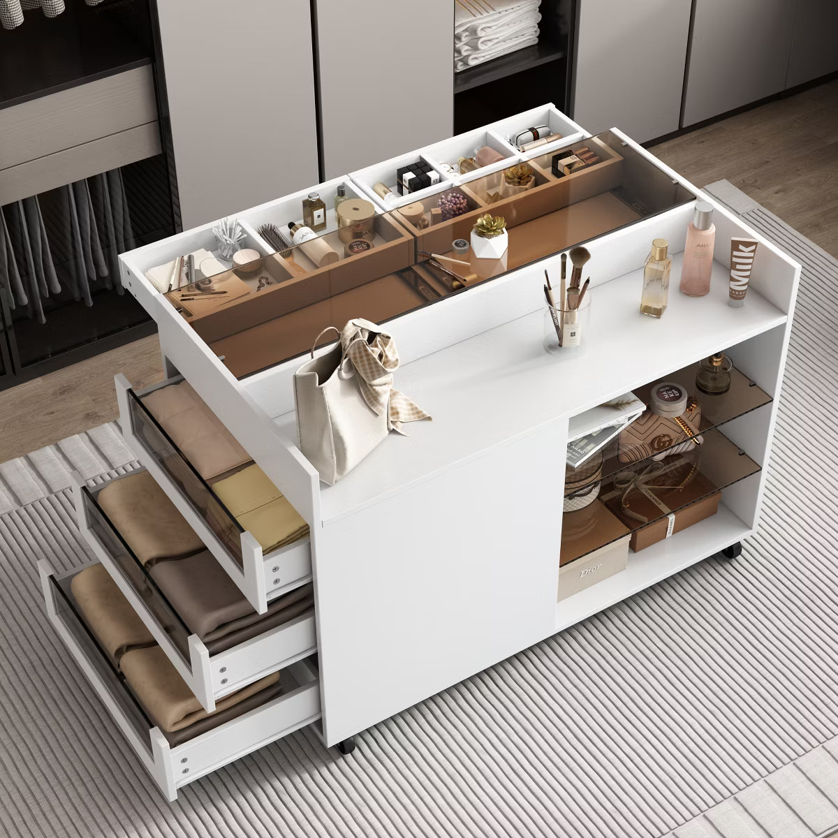 43.3"W Movable Storage Cabinet Island Vanity Dresser with Side Drawers, and Two Glass Display She... | Target