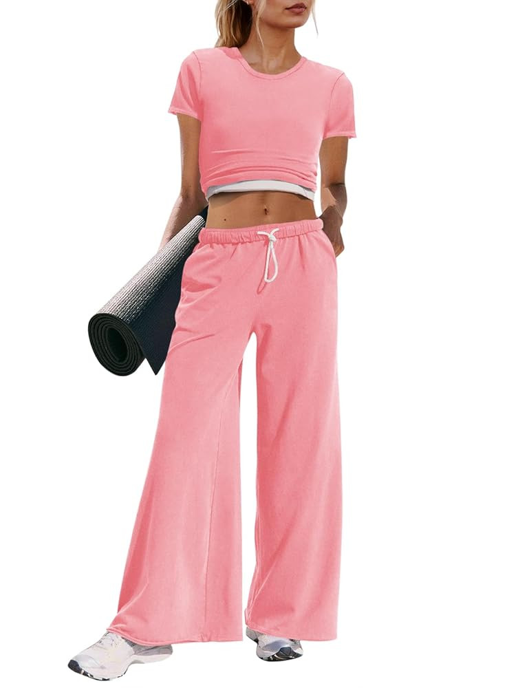 Panadila Womens 2 Piece Lounge Set Matching Workout Sets Summer Crop Tops Wide Leg Pants Going Ou... | Amazon (US)