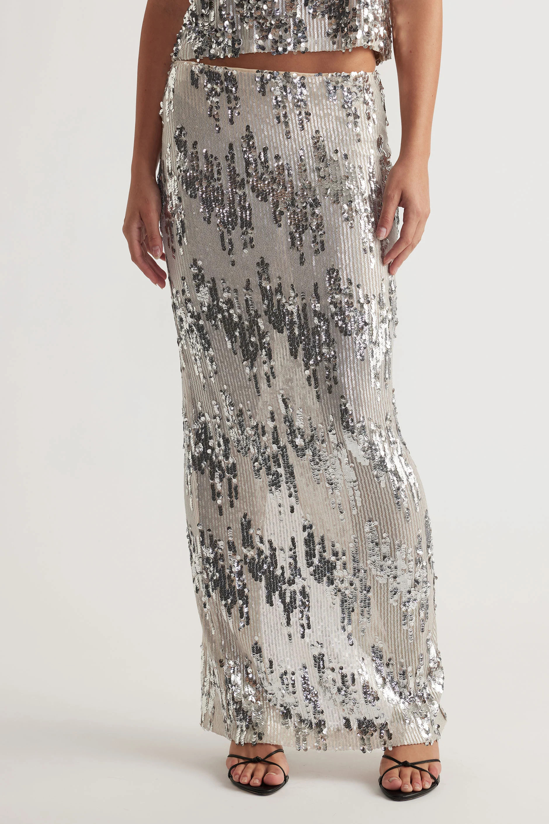 Isla Sequin Maxi Skirt - Silver Sequin | DECJUBA