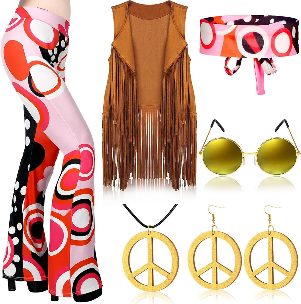 Haull 7 Pcs 60s 70s Outfits for Women Hippie Costume Set Boho Flared Pants Fringe Vest Peace Sign... | Amazon (US)