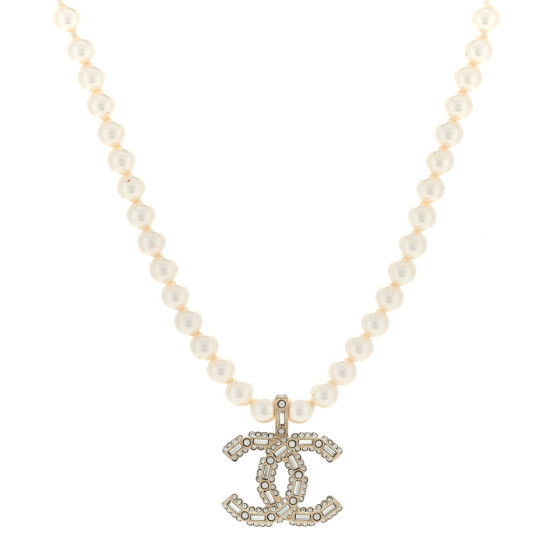 Pearl Crystal Baguette CC Short Necklace Gold | FASHIONPHILE (US)