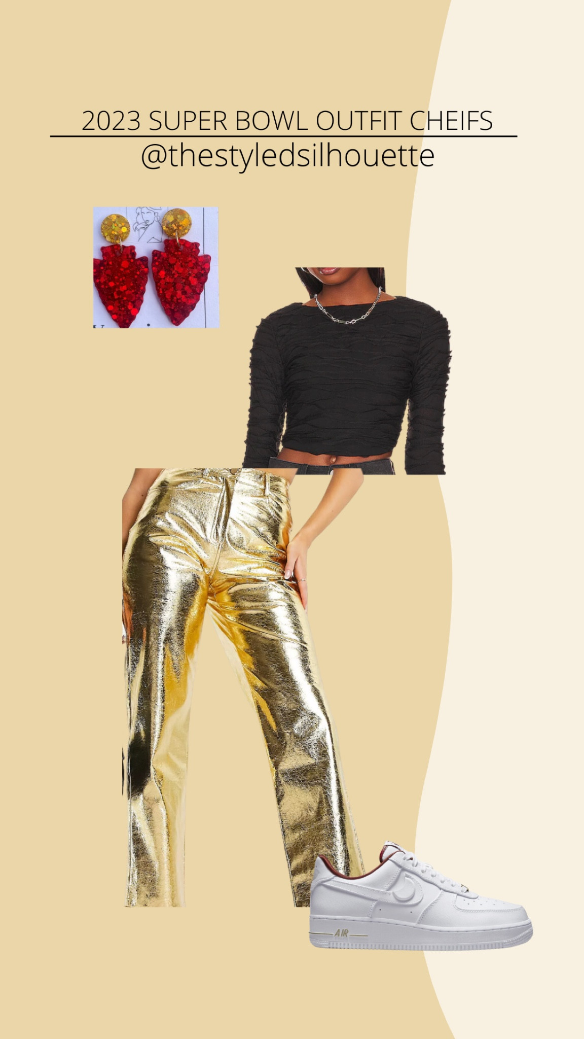 Super Bowl outfits 2023// arrow head earrings// gold pants// long black sleeve top// chiefs tops 

#LTKstyletip #LTKshoecrush #LTKSeasonal