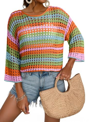 Dokotoo Womens Tops Spring Summer Resort Wear Beach Vacation Short Sleeve Crochet Hollow Out Color Block Striped Round Neck Dressy Casual Lightweight Knit Sweater Fashion Clothing Orange XX-Large | Amazon (US)