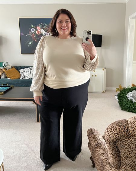This pair of ponte knit wide leg trousers exceeded all expectations! And the soft rib knit top with sequin sleeves is perfect for the holidays. Both in plus sizes up to 30. The top also comes in black, and the trousers come in plaid  

#LTKover40 #LTKplussize #LTKHoliday