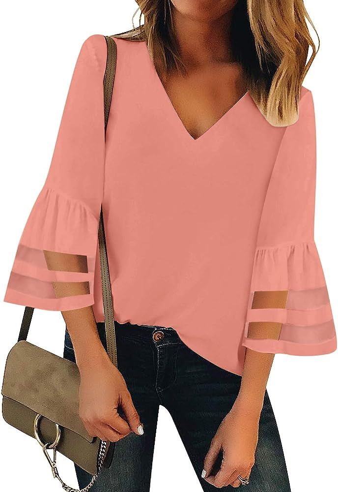 Women's Casual V Neck Blouse 3/4 Bell Sleeve Mesh Panel Shirts Loose Top | Amazon (US)