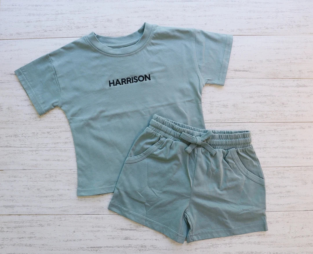 CUSTOM KIDS SET, Personalized Embroidered Organic Cotton Tee and Short Set - Etsy | Etsy (US)