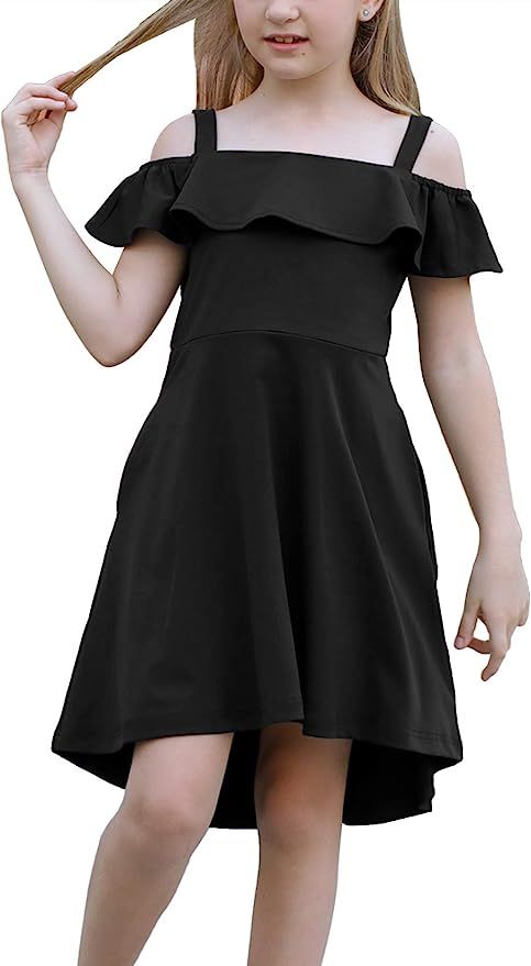 GORLYA Girl's Cold Shoulder Flounce Trim Elegant Casual Formal Dress with Pockets for 4-14T Kids | Amazon (US)