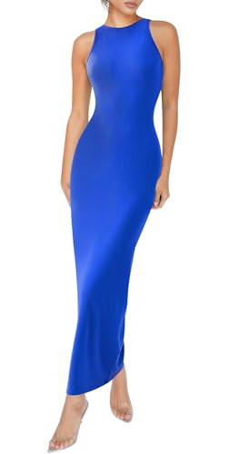 Relety Women's Bodycon Maxi Dresses Ribbed Lounge Tank Long Dresses Elegant Halter Neck Casual Sleeveless Summer Dresses Royal Blue M | Amazon (US)