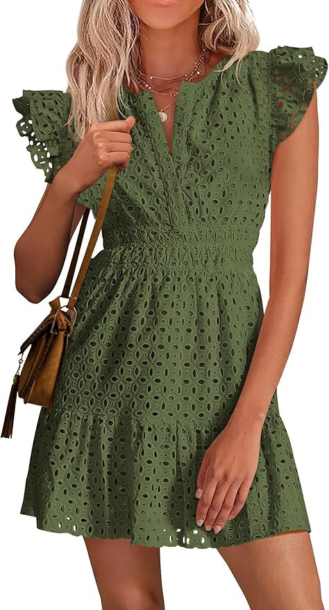 PRETTYGARDEN Women's 2026 Summer Sundresses Eyelet Cap Sleeve V Neck Short Boho Wedding Guest Dre... | Amazon (US)