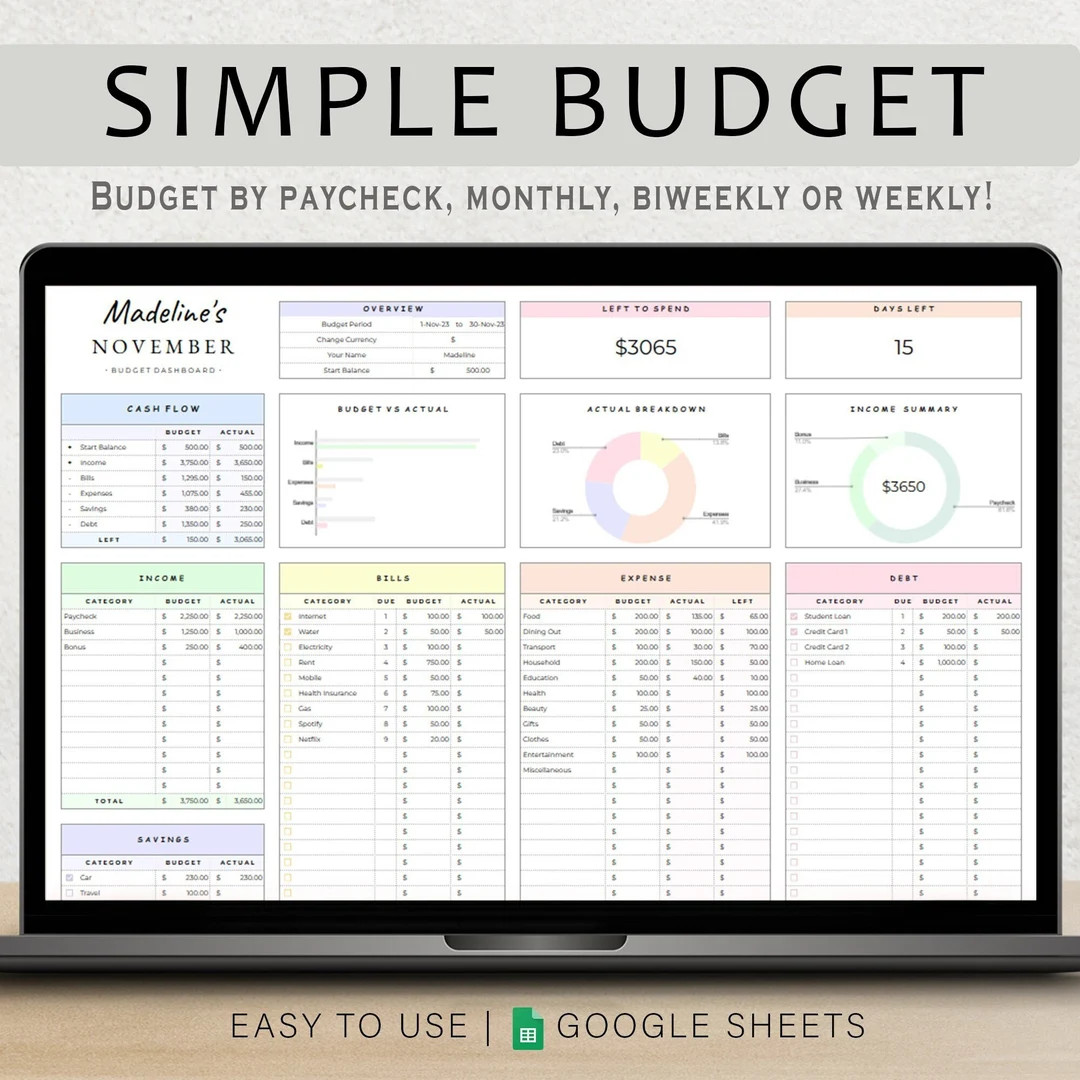 Budget Planner Google Sheet Monthly Budget Spreadsheet Paycheck Budget Template Simple Weekly Fin... | Etsy (US)