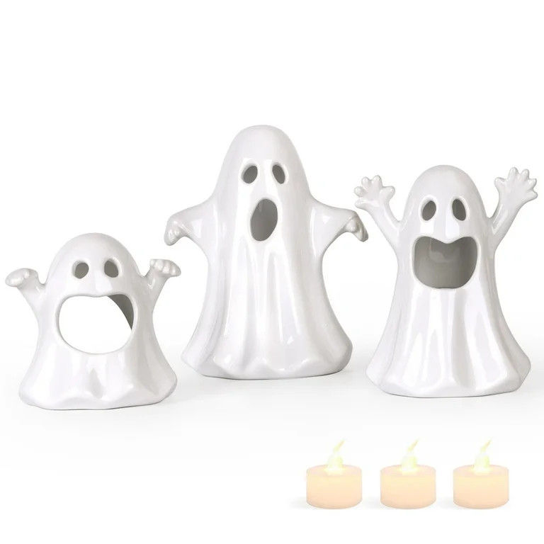 Sunlit Ceramic Ghost with 3 Tea Lights, Spooky Candle Holder Set of 3, Tabletop Indoor Halloween ... | Walmart (US)