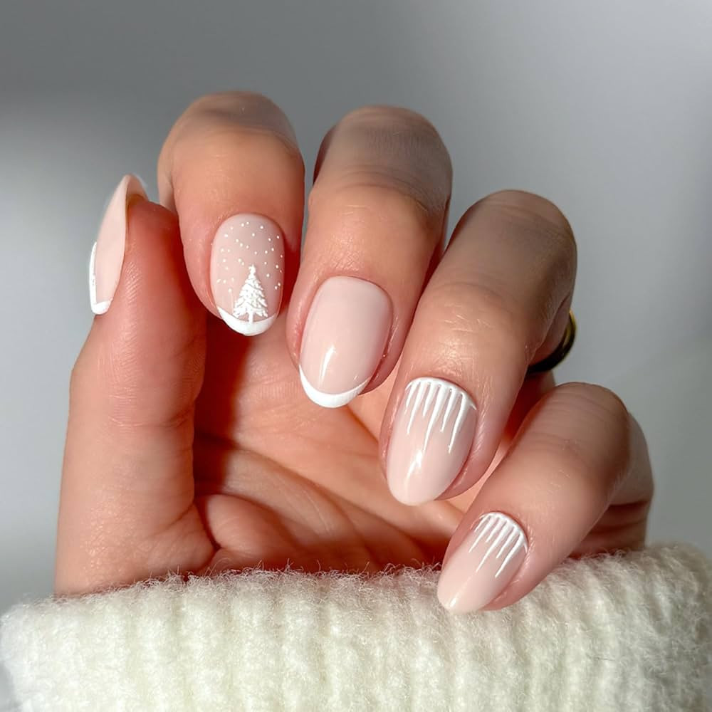 Glamnetic Press On Nails - Winter's Tale | Short Oval Fake Nails with White French Tips and 3D Ma... | Amazon (US)