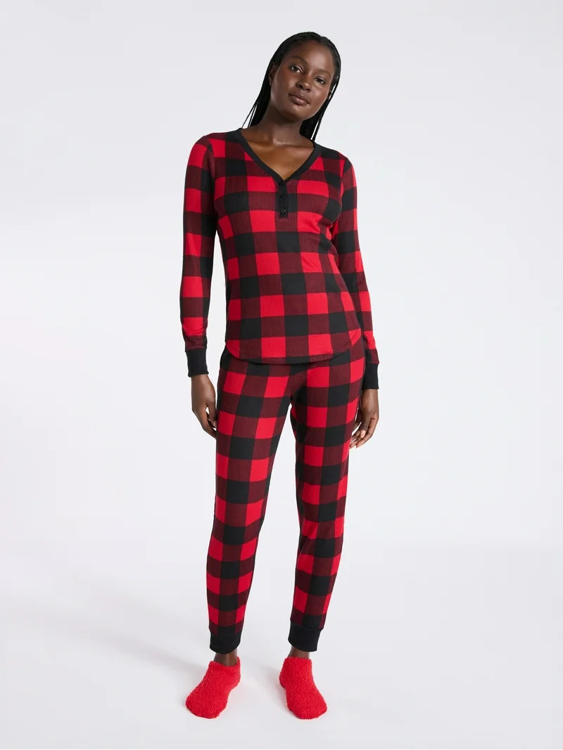 Joyspun Women's Waffle Knit Henley Sleep Top, Joggers and Socks Pajama Set, 3-Piece, Sizes XS-3X | Walmart (US)