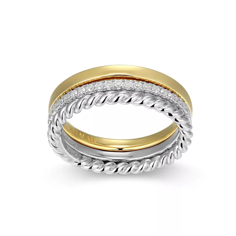 Lab Created 18K Yellow Gold and Rhodium Plated Sterling Silver Women's Created Moissanite Stackab... | Belk