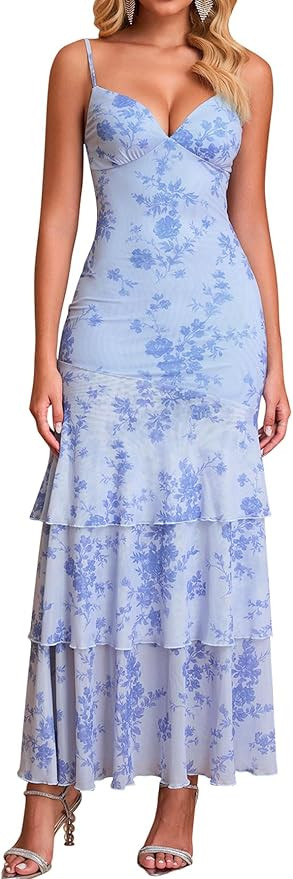 Auraxe Bodycon Floral Wedding Guest Dress Ruffle Tiered Mesh Backless Semi Formal Long Maxi Dress... | Amazon (US)
