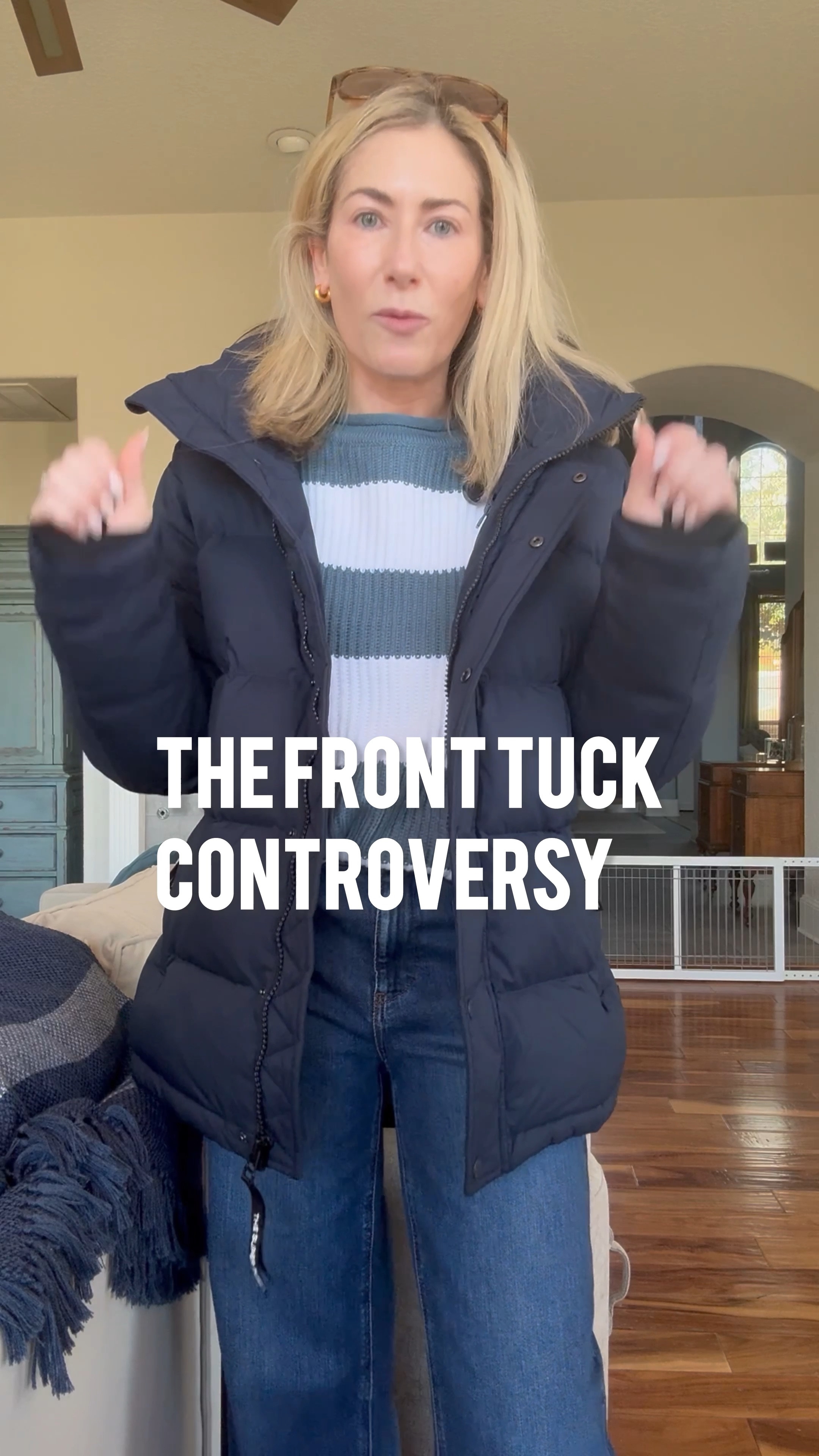 To front tuck or not to front tuck-that is the question! The answer is, sometimes! My take is that the full tuck is trending, but that doesn’t mean the front tuck is dead. It still is a great choice for certain tops, especially bulkier tops like sweaters. 

Sizing info:
Sweater: Small
Puffer: small
Jeans: 2 petite 

#fashionover50 #winteroutfit #amazonfashion #amazonfind #puffercoat 

#LTKSeasonal #LTKWatchNow #LTKOver40