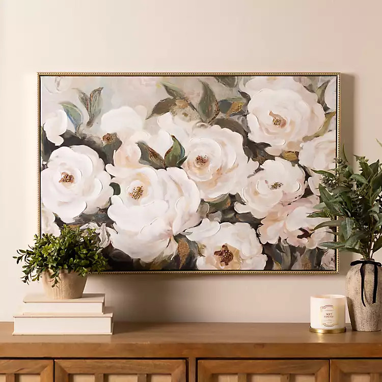 New! Luxe White Roses Framed Canvas Art Print | Kirklands