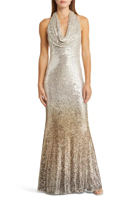 Jewel Badgley Mischka Ombré Sequin Cowl Halter Neck Gown in Silver Gold at Nordstrom, Size 0 | Nordstrom