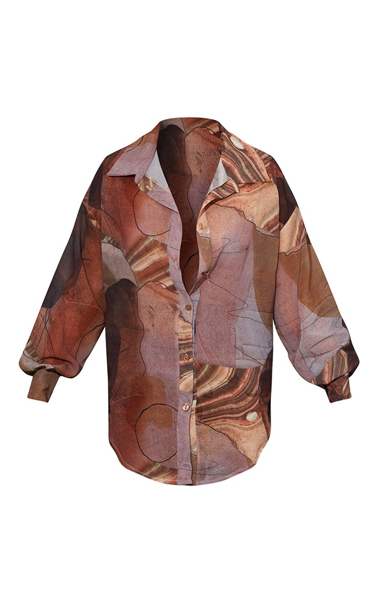 Beige Woven Abstract Print Oversized Shirt | PrettyLittleThing US