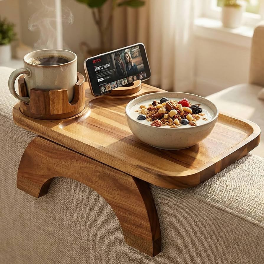 Couch Armrest Table, Acacia Wood Sofa Arm Tray with 360° Rotating Phone & Cup Holder, Clip-On Ar... | Amazon (US)