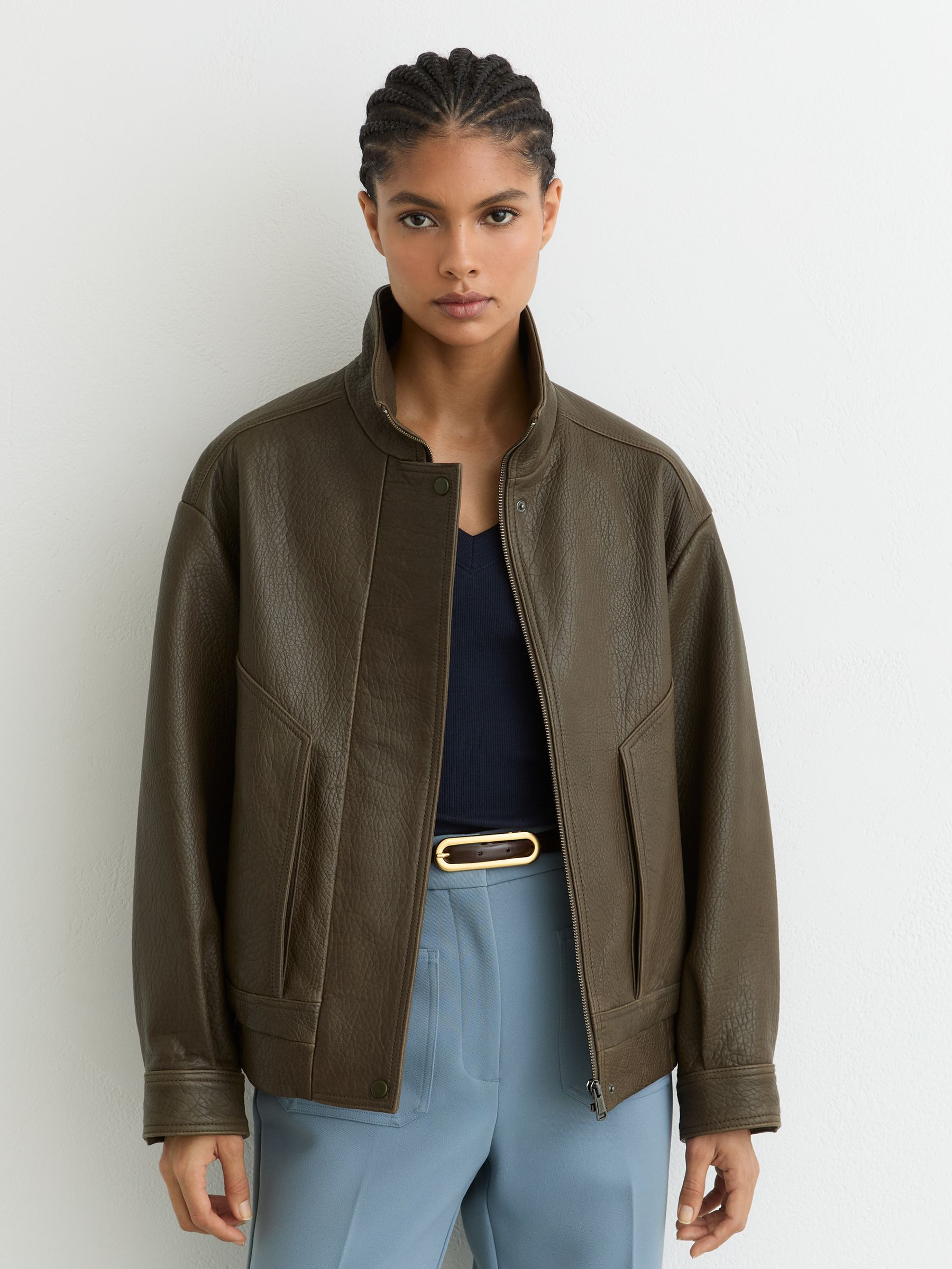 Reiss Petite Oversize Grained-Leather Bomber Jacket in Khaki Green - REISS | Reiss UK